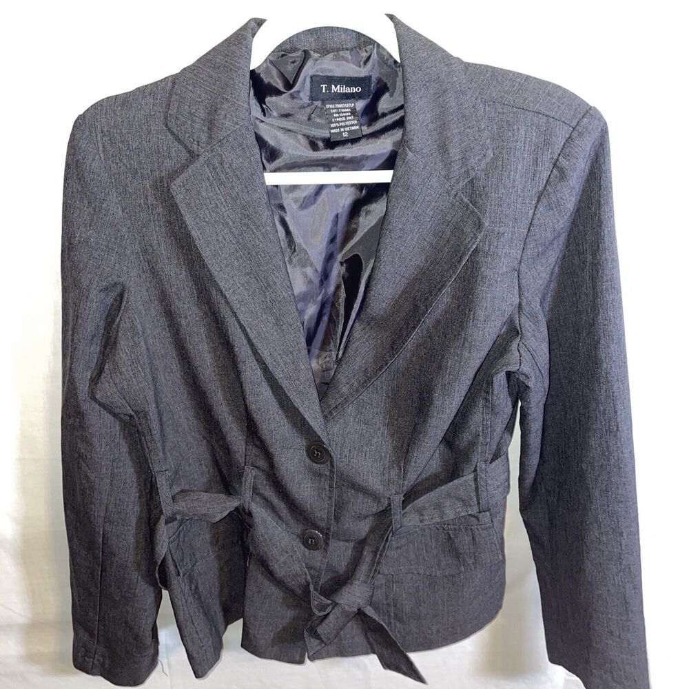 T. Milano Fashion Blazer Womenâs Size 12 Gray Polyester Belted Two Button LS